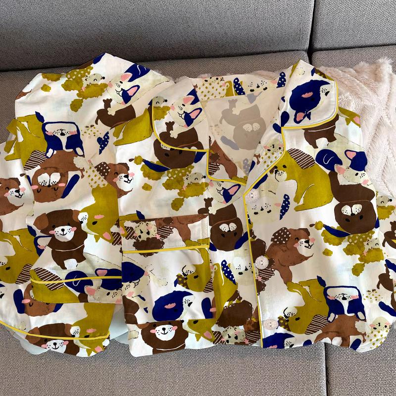 Korean Ins Cartoon Cute Dog Print Women Pajamas Autumn/Winter New Milk Silk Sleepwear Long Sleeve Pant 2pc Home Set