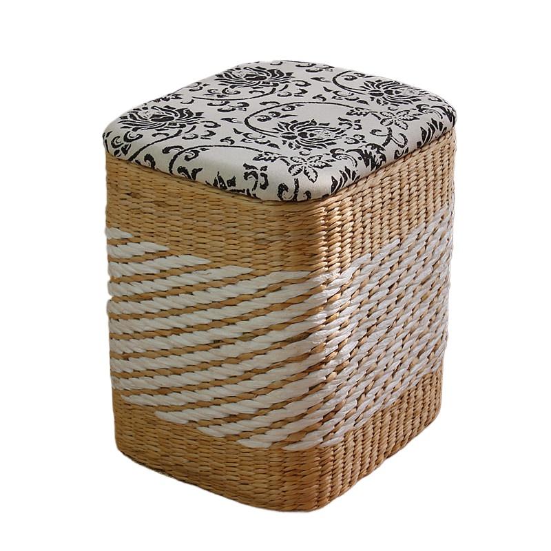 Multifunctional Home Shoe Bench Grass Woven Entryway Storage Stool Sitting Storage Box Wood Grain Pattern Organizer