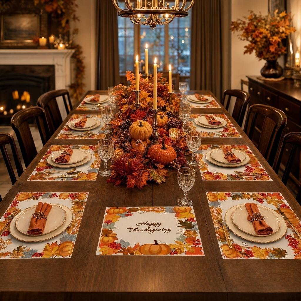 Thanksgiving Holiday Table Placemat Pumpkin and Maple Leaf Pattern Printed Dining Mat 45x30cm for Seasonal Table Decoration