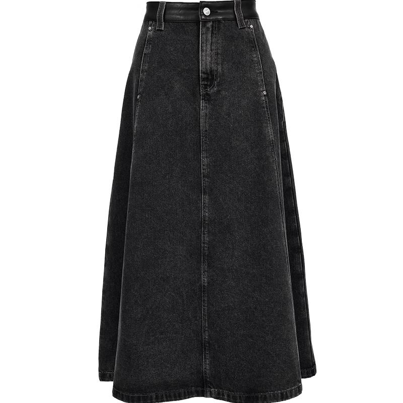 ONLY 2025 Autumn Leather Patchwork Denim A-Line Skirt L