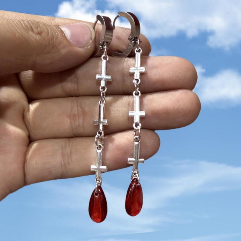 Gothic Punk Stainless Steel Long Cross Earrings for Christmas