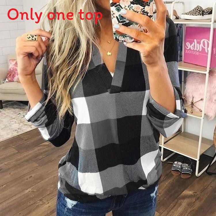 Casual Cotton Blend Plaid Shirt With Printed Vneck For Womens Office Wear