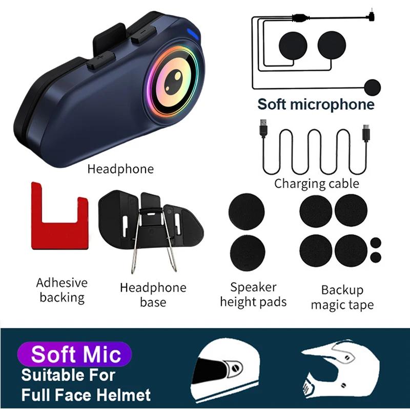 2-Rider 500M Helmet Intercom with Music Sharing, IPX6 Waterproof 1000mah RGB Motorcycle Bluetooth 5.3 Helmet Headset