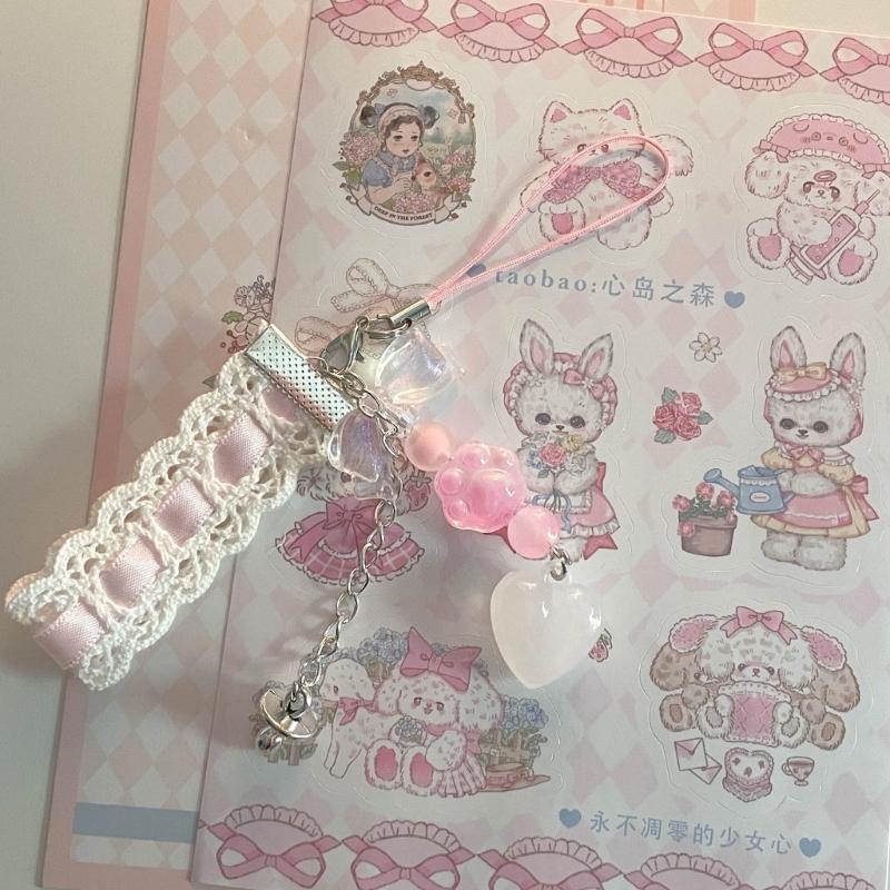 Dainty Lace Ribbon Keyring Cute Heart Pendant Keychain Colorful Beaded Phone Lanyard Multi-Functional Bags Accessories