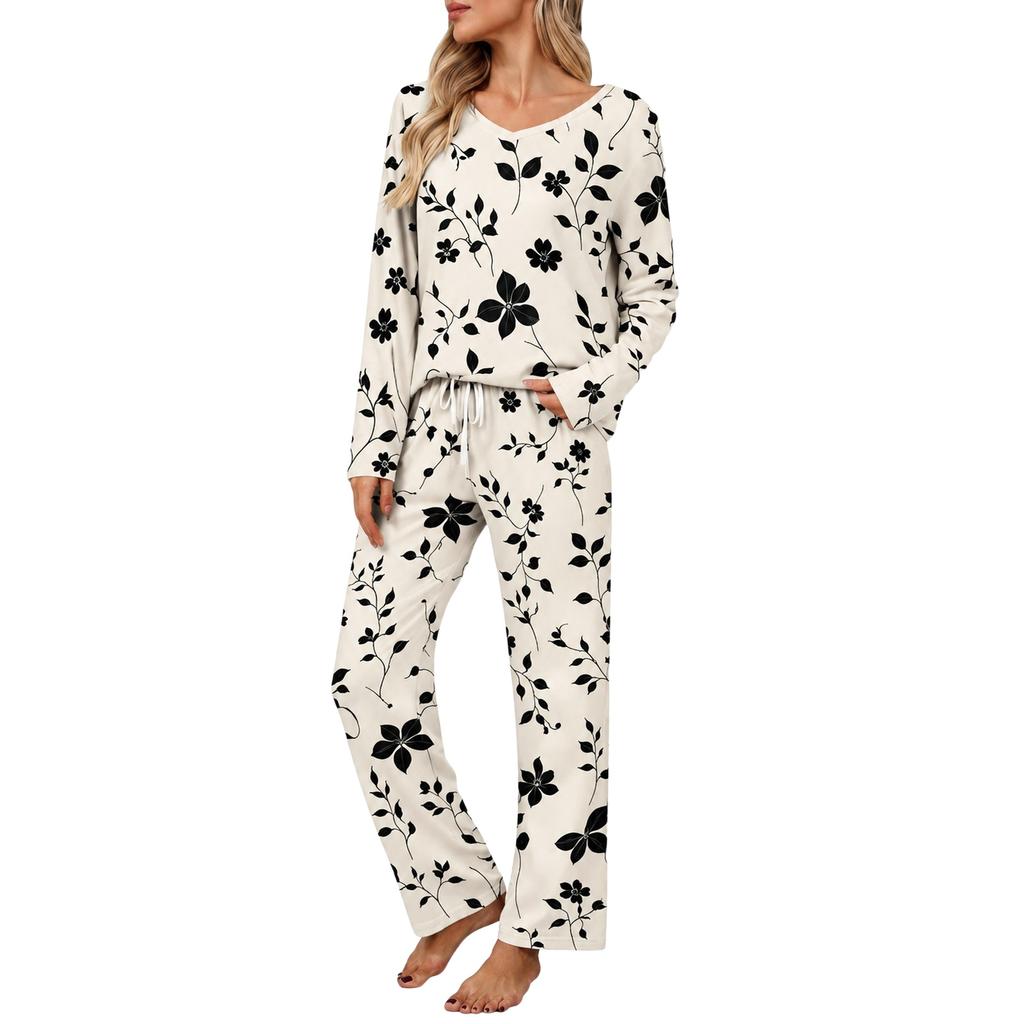 Women's V-Neck Pajama Set Long Sleeve Top and Pants Loose Fit Plus Size Two-Piece Loungewear for Spring and Fall