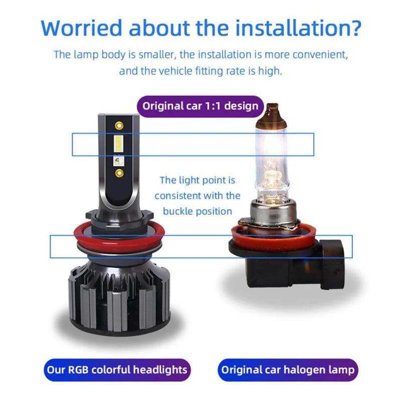 Pair H7 RGB LED Headlight H1 APP Bluetooth-Compatible Control H3 H4 H8 H11 Multi Colors LED Bulbs 9005 9006 for Camry Ford BMW