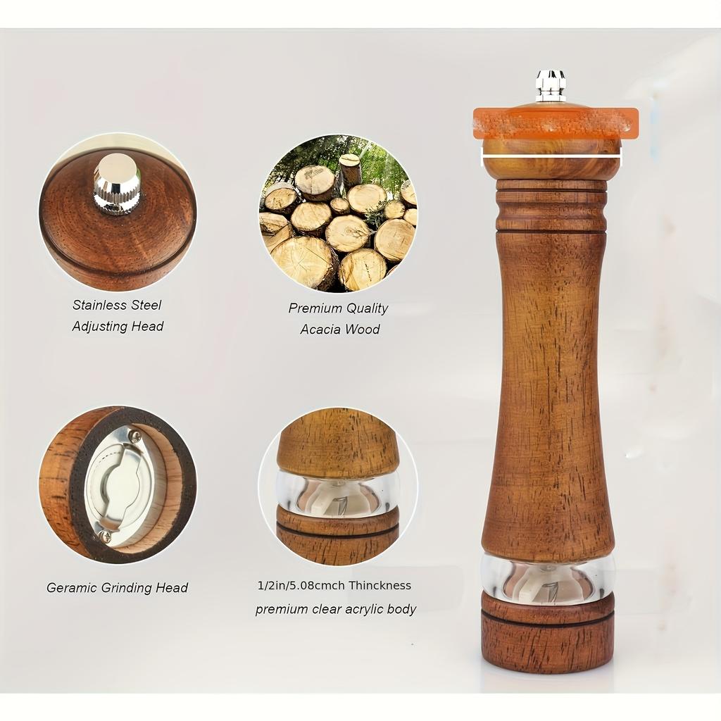 Premium Wooden Manual Pepper & Salt Grinder with Clear Viewing Window - Perfect for Fresh Seasonings, Essential Kitchen Gadget