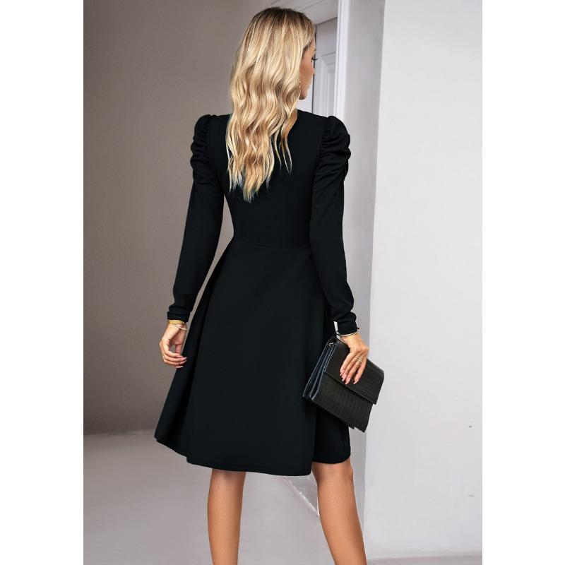 Women's Elegant Sold Color V-neck Long Sleeve Dress
