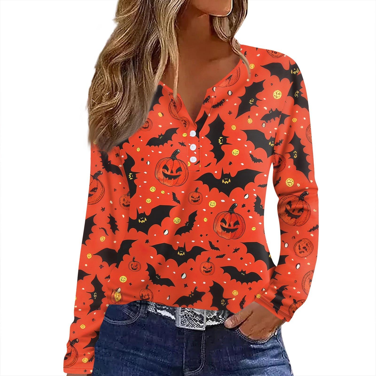 

Женская футболка Футболка Принт Хэллоуин Пуговица Длинный рукав Повседневная Мода на выходные Базовая V-образный вырез Обычный топ S