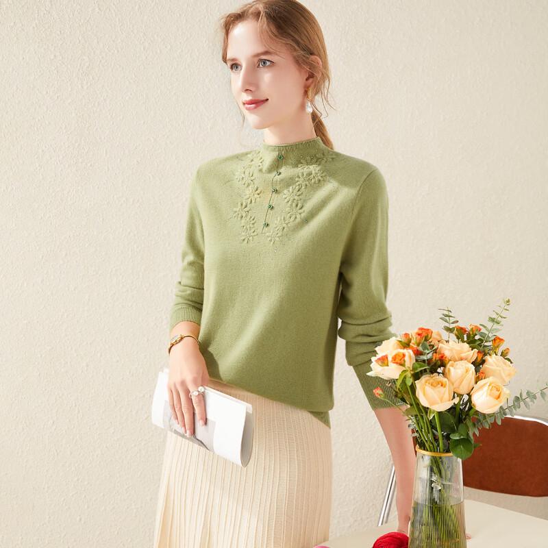 TUHUANG Damen Pullover aus reiner Wolle mit Stickerei und halbem Rollkragen