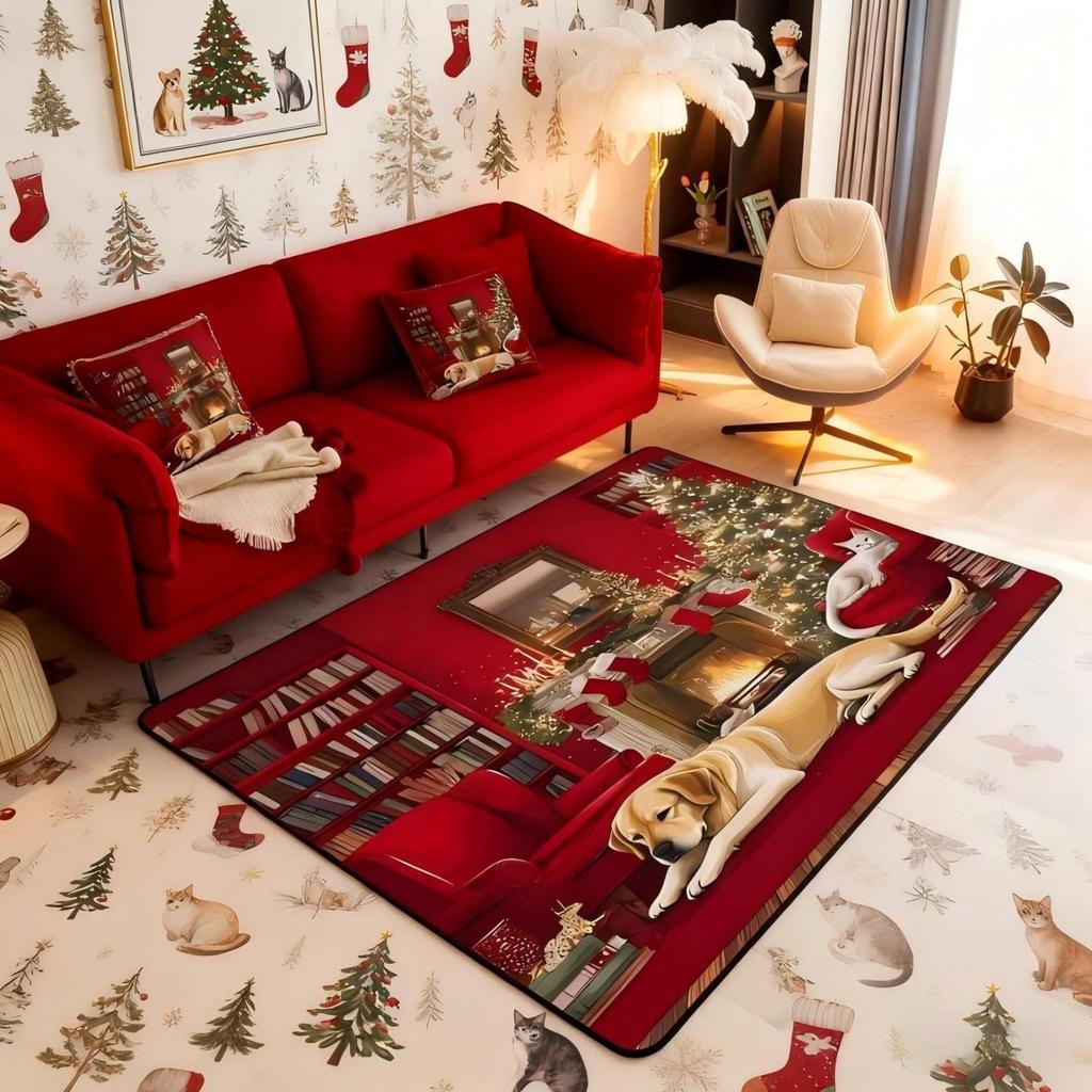 Antique Ornate Themed Rug, Red & Beige Floral Medallion Non-Slip Floor Mat for Bedroom Living Room Farmhouse Decor Carpet