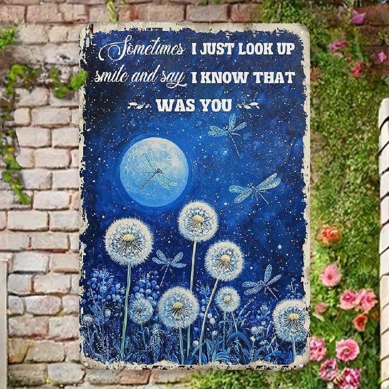 Vintage Dragonfly Metal Wall Art Sometimes I Just Look Up and SmileInspirational Sign with Dandelion and Starry Night Design