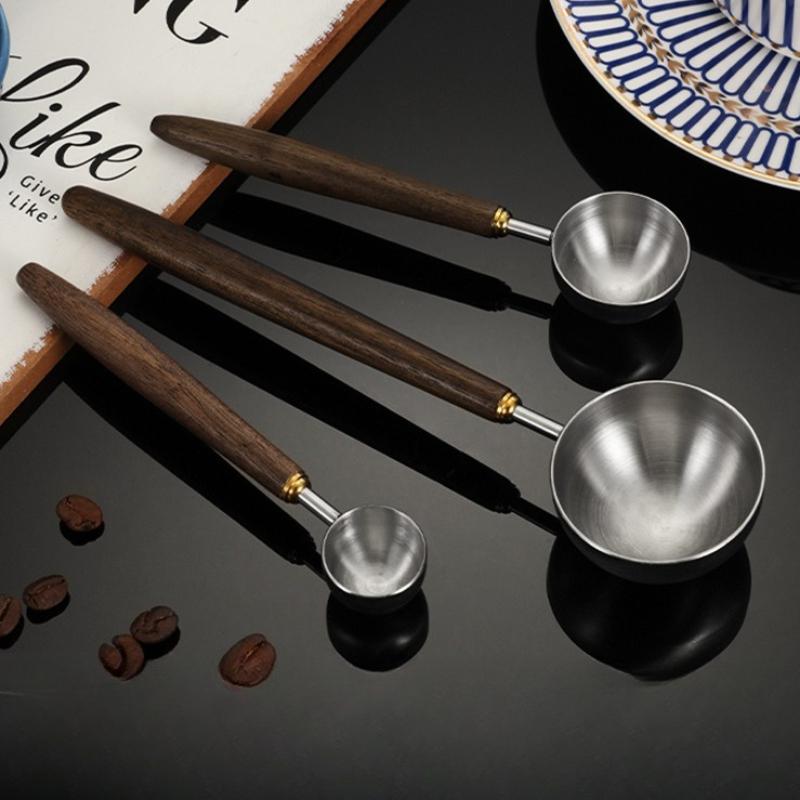 Stainless Steel Walnut Wood Handle Spoon Multi-purpose Measuring Tool for Coffee Bean Milk Powder Kitchen Baking