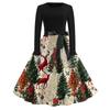Women's Vintage Christmas Print Long Sleeve Round Neck Evening Party Dress for Holiday Events