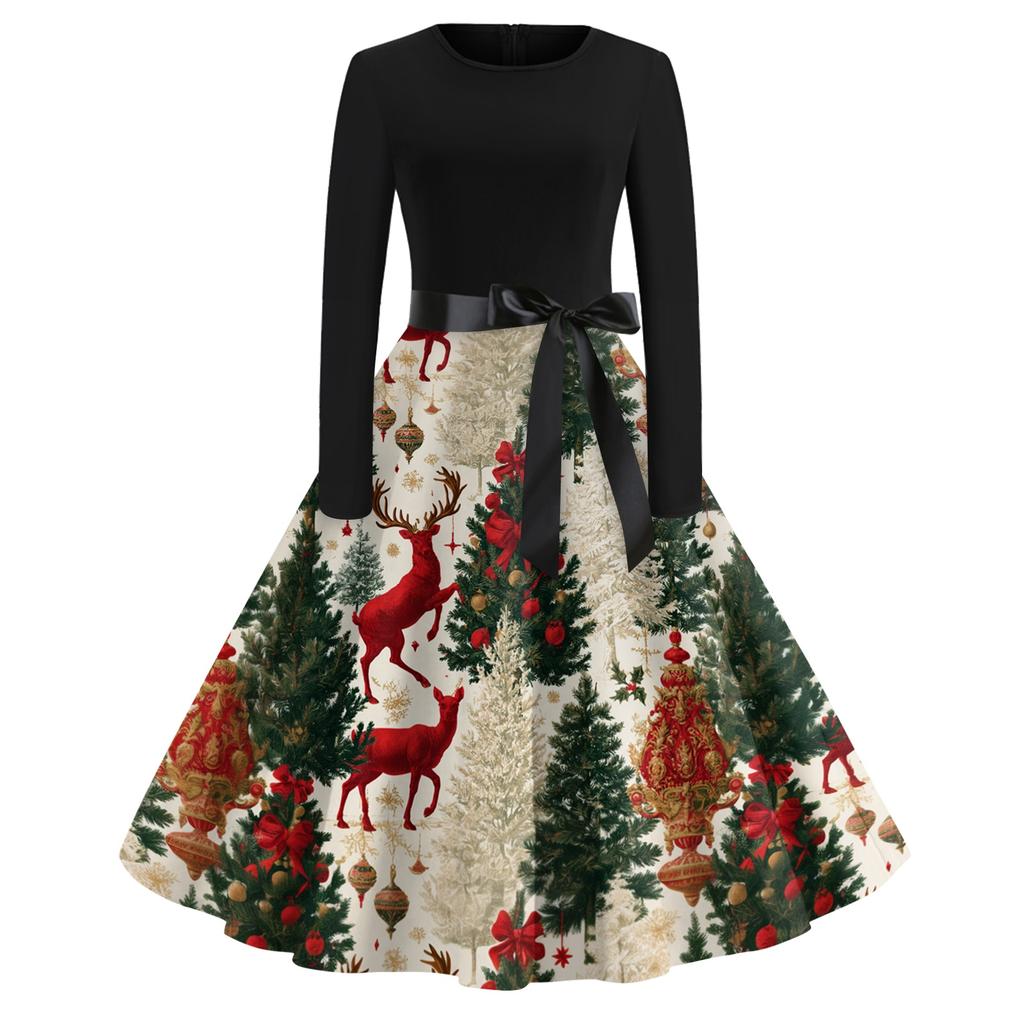 Women's Vintage Christmas Print Long Sleeve Round Neck Evening Party Dress for Holiday Events