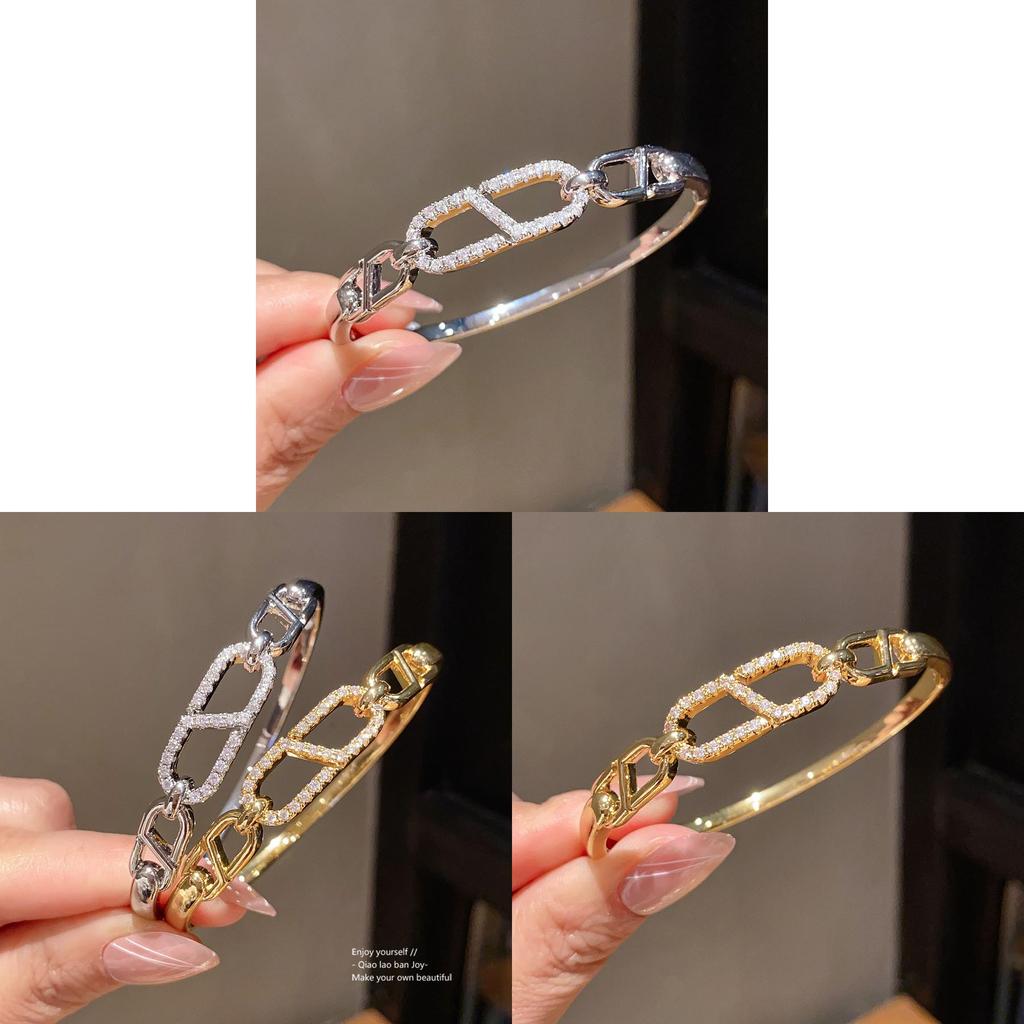 European Style Copper Zircon Stone Cuff Bracelet With Elegant Geometric Design For Daily Use
