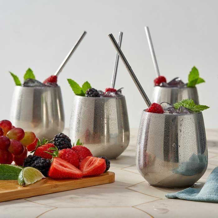 Verres à vin sans pied - oak &amp; steel - acier inoxydable - 350ml - inclus 4 pailles et 2 brosses