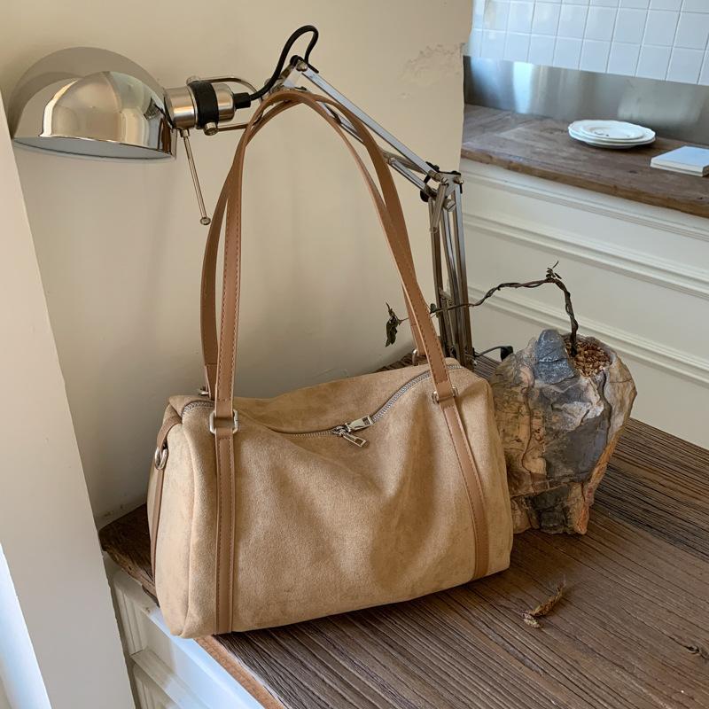 2025 New Niche Design Boston Bag High-end Texture Simple Large-capacity Suede Shoulder Messenger Bag