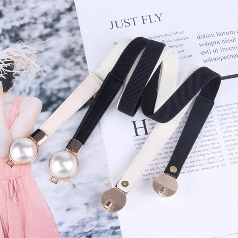 Creative Pearl Buckle Belt Pu Leather Dress Skirt Waist Elastic Thin Women Belts Ladies Waistband