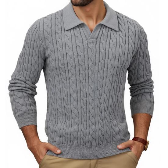 Men Knitted Tops Lapel Long Sleeve Solid Color Sweater Twist Pattern Winter Thick Warm Pullover Tops