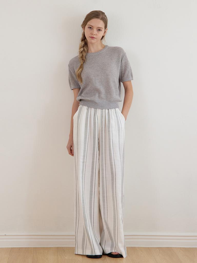 LE STUDIO Rounded Neck Waffle Short Sleeve Knit Gray