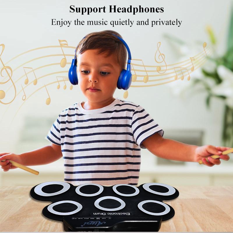 Electric Drum Set, 7-Pad Electronic Drum Set with ,Roll-up Drum Practice Pad, Great Holiday Xmas Birthday Gift for Kids