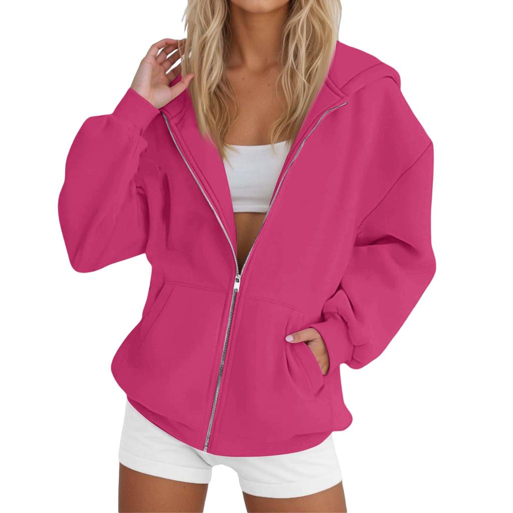 Women's Long Sleeve Solid Color Hooded Sweatshirt Jacket