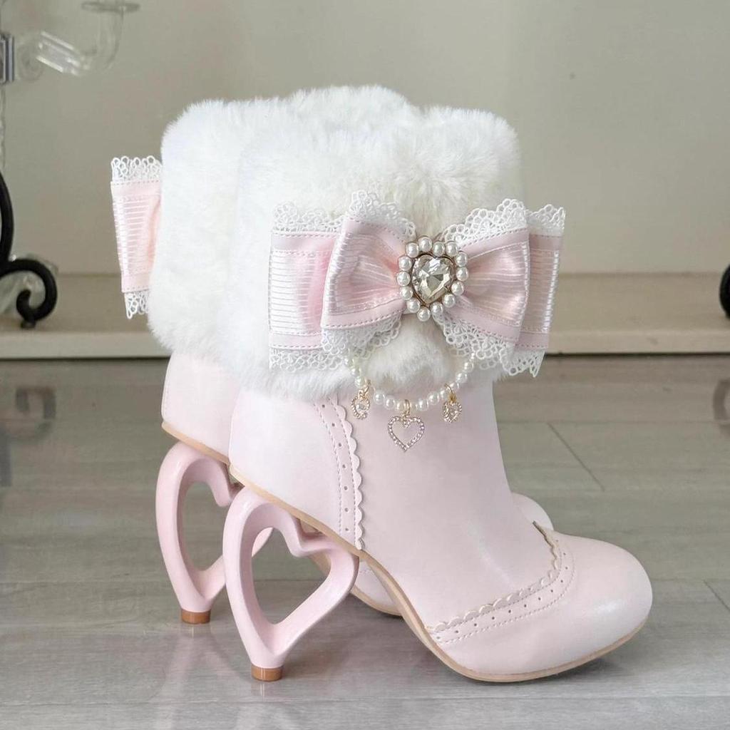 Womens Shoes Japanese Style Lolita Cosplay Dress Boots for Girls Cute Bow Pearl Hollow-out Heels Plush Winter Boots Woman