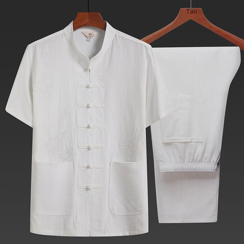 Costum Tang din bumbac-in cu mânecă scurtă pentru bărbați de vârstă mijlocie și în vârstă - Stil chinezesc Hanfu de vară