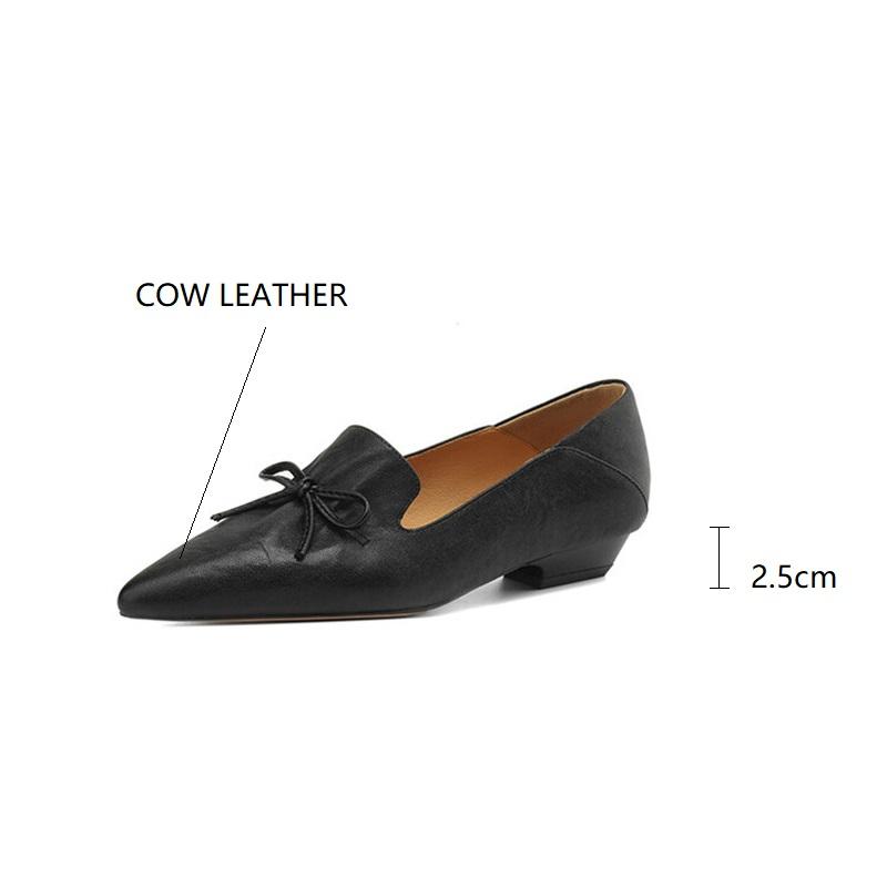 Fashion New Spring Genuine Leather Women Shoes French Retro Pointed Toe Women Pumps Bow Loafers Shoes for Women Low Heel Ladies Shoes