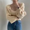 Thickened Square Neck Puff Sleeve Knit Top - Women's Slimming Waist Autumn/Winter Sweater