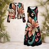 Women Plus Size Black Gold Printed Round Neck Long Sleeve Cropped Cardigan Two Piece Dress Set