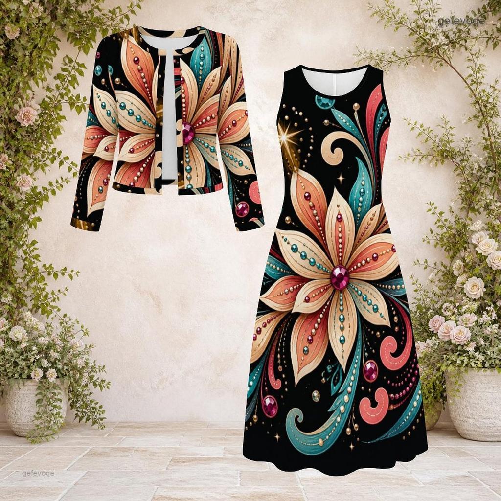 Women Plus Size Black Gold Printed Round Neck Long Sleeve Cropped Cardigan Two Piece Dress Set