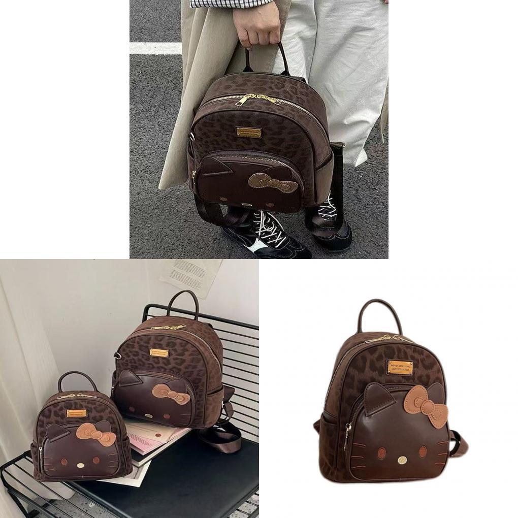 Hello Kitty Leopard Print Cat Backpack With Waterproof Pu Material For Daily Use