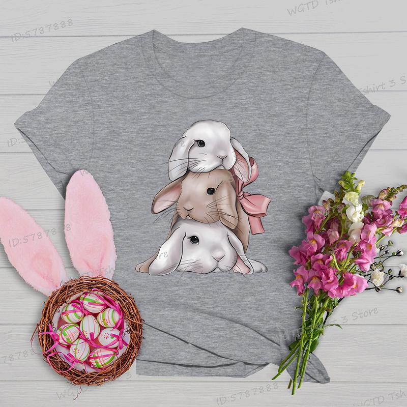 Easter Rabbit Shirts and Blouses Women Gift for Christian Crew Neck Short Sleeve Tshirt Cute Animal Bunny Easter Cartoon Tshirt