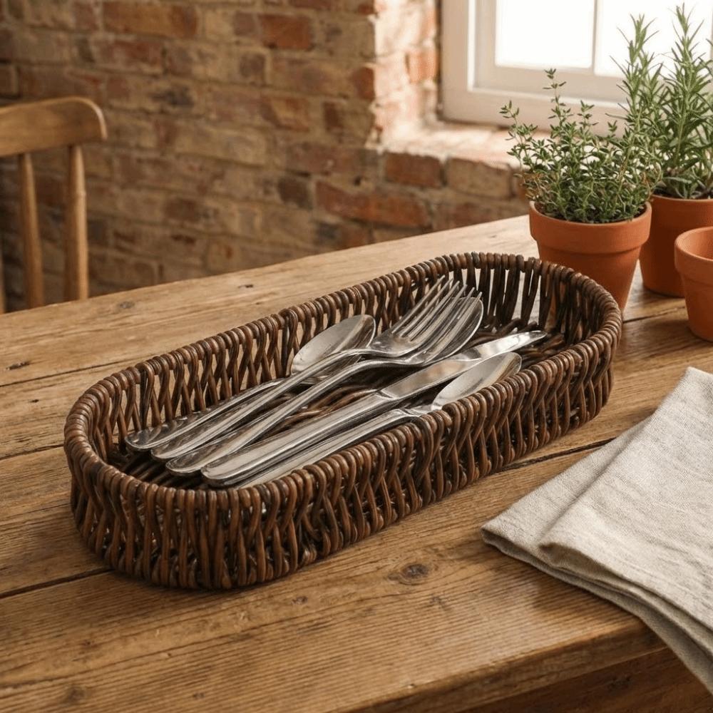 Oval Shape Tableware Storage Basket Retro Desk Shelf Baskets Faux Wicker Tray Dining Room