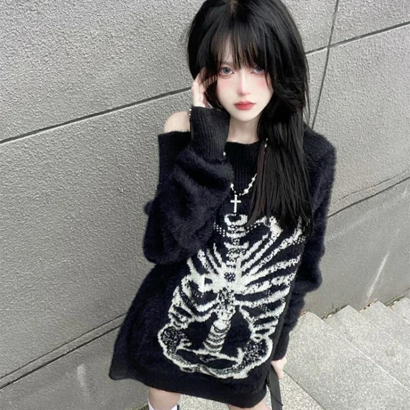 ROADVIBE Goth Skull Print Harajuku Sweater Sweater Tops Aesthetic Women's Black Pullover Harajuku Fashion Streetwear Tops 2000