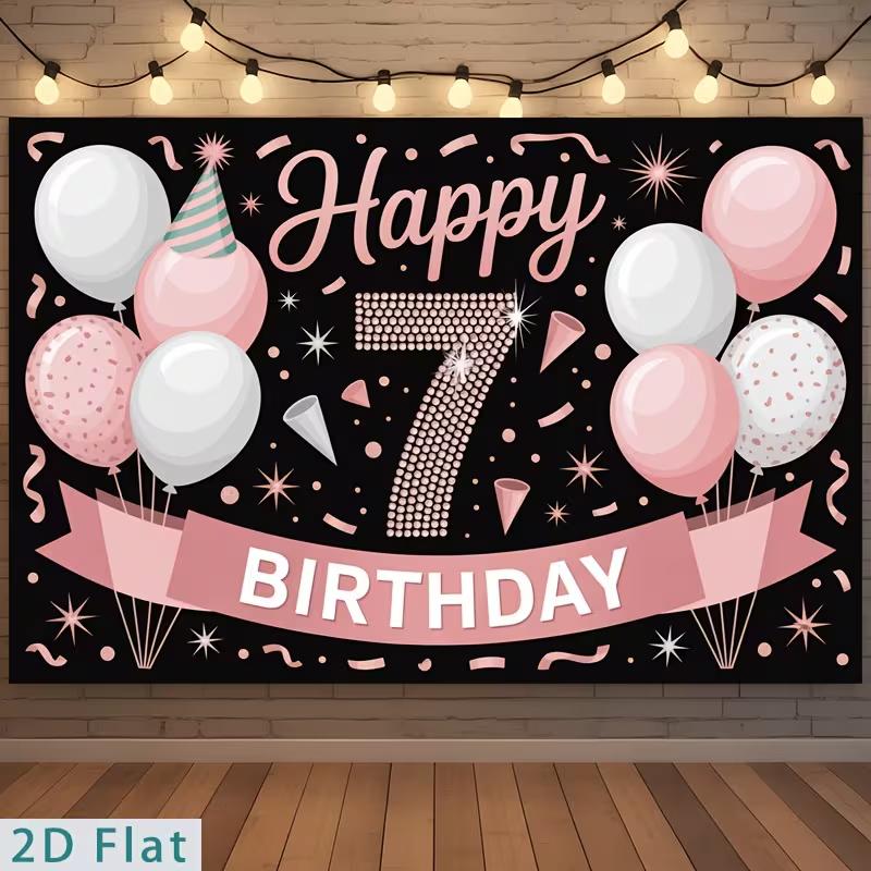 2D 7th Birthday Party Backdrop - Pink Balloon & Confetti Background Banner for Girls 7th Birthday Celebration 47.2x31.5inch/120*80cm