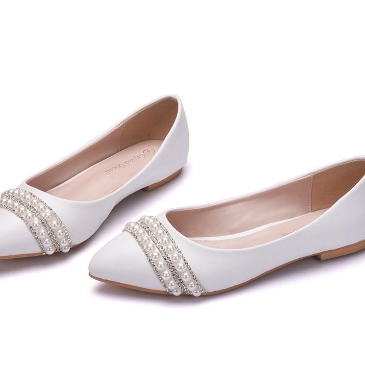 Bryllupssko med flat såle Krystallsko Brudesko Bryllupskjole Komfortable Koreansk stil Dusk Perle Rhinestone Middag Hvite Damesko