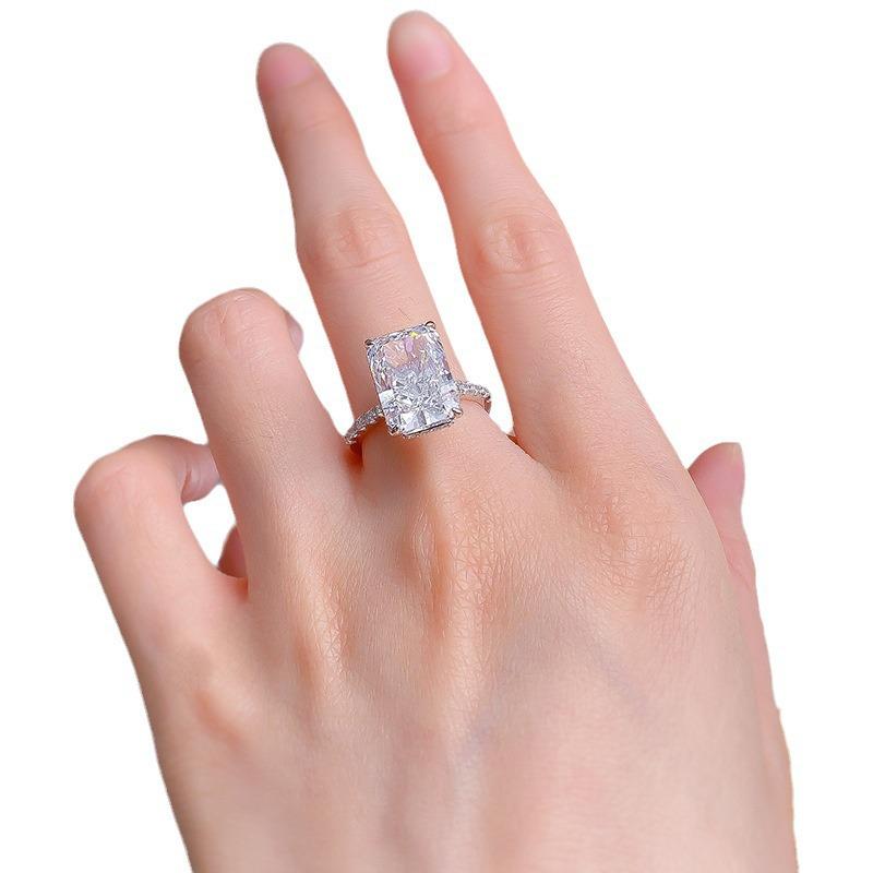 Minimalist S925 Sterling Silver Rectangular White Diamond Ring for Women - 9x13mm