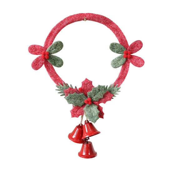 Christmas Window Decoration Non-woven Fabric Bell Wreath, Holly Berry Wreath with Mini Xmas Tree Bells, Hanging for Front Door Wall