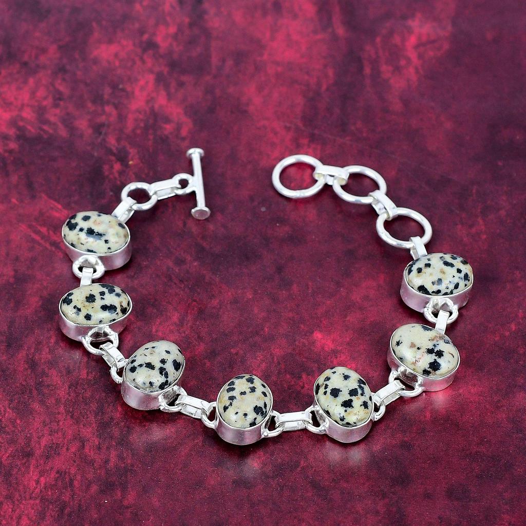 Bransoletka z jaspisu Dalamntion 925 Sterling Silver, Ręcznie robiona biżuteria z kamieniami szlachetnymi, Prezenty dla żony, Zupełnie nowa bransoletka