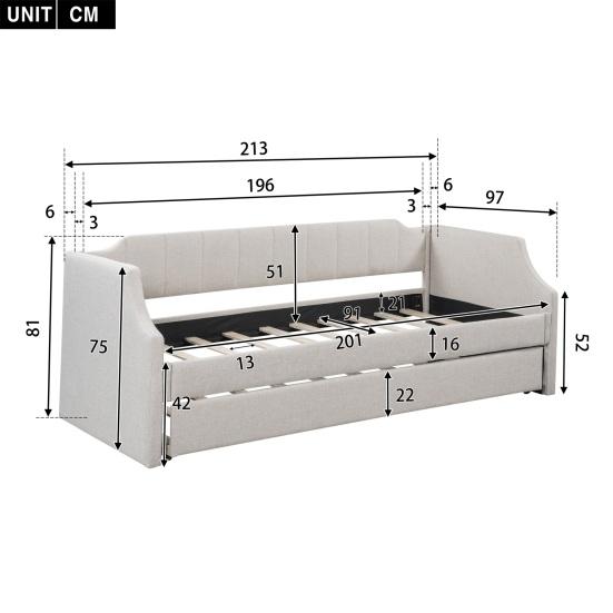 90x200cm Folding Bed Cotton Linen Fabric Day Bed with Pull-out Bed Headboard Strong Wood Slat Support Bed Home Furniture,