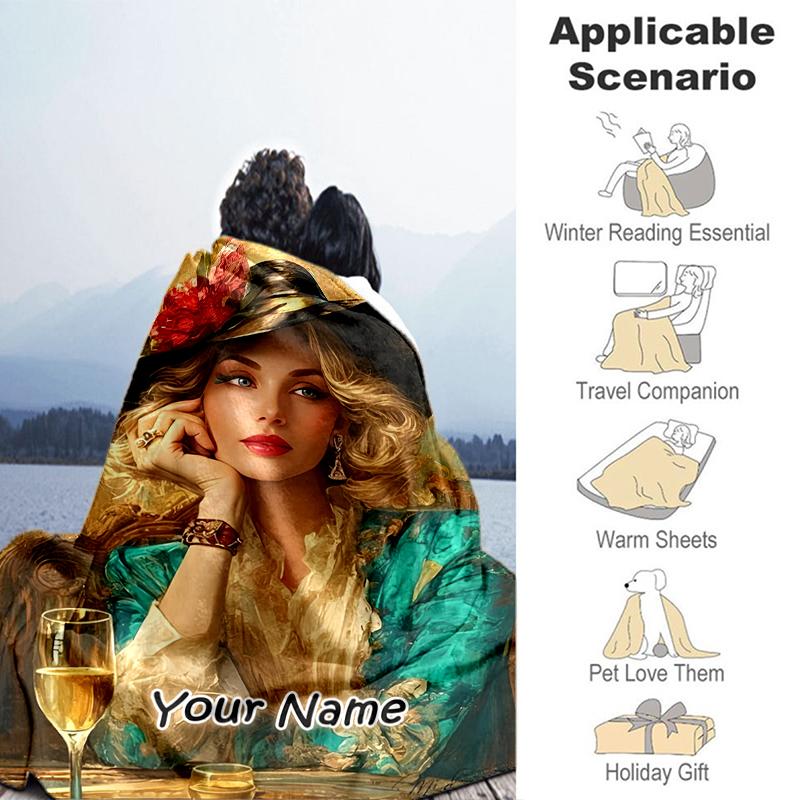 1PC Custom Name Elegant Woman Wine Glass Flannel Blanket Versatile,all-season Throw Suitable for the Living Room,bedroom,camping,travel,and Gift