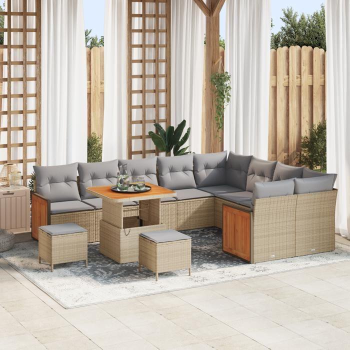 Ensemble de canapé de jardin vidaXL 12 pièces avec coussins beige poly rotin acacia, Ensemble de salle à manger de jardin 3363342