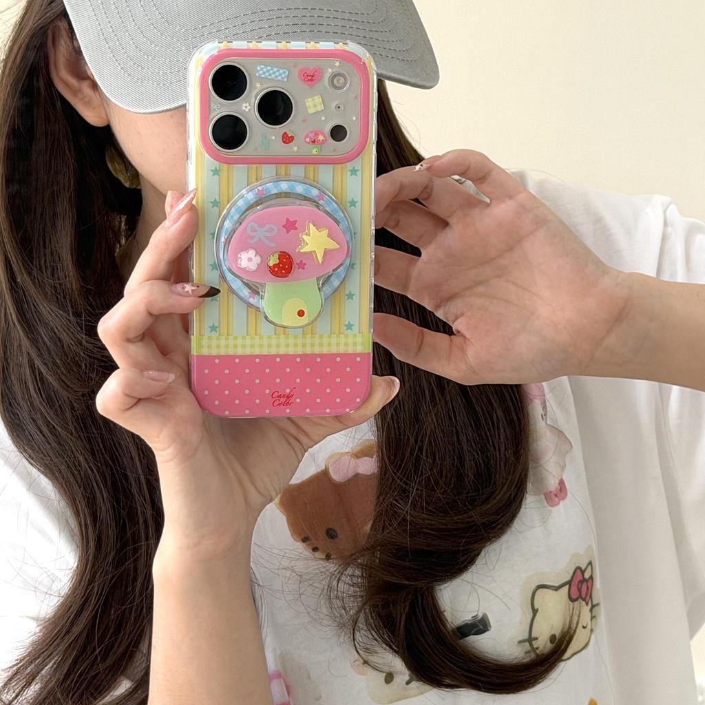 Ins-Style Colorful Stripe Mushroom Magnetic Case for iPhone 17 Pro Max, Apple Models 14-16, Girls
