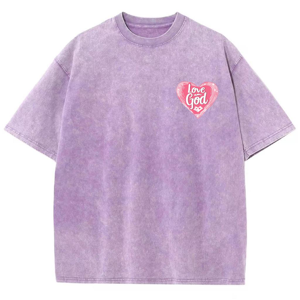 Love God Pink Heart Print Women's T-Shirt Washed Denim Fabric Oversized Unisex Half Sleeve Sweetheart Girl Black Pink Top