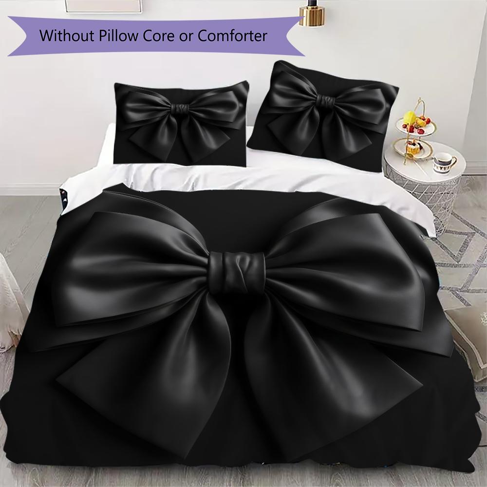 Minimal Black Bow Pattern Bedding Uilt Set Uilt Cover Pillowcase Home Decoration Birthday Gift (1 * Duvet Cover + 2 * Pillowcase Without Core)