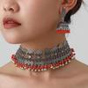 Bohemian Exotic Rhinestone Tassel Necklace & Earrings Set In Antiqued Alloy