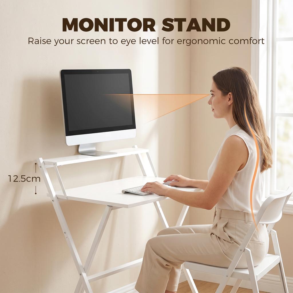 70 cm Folding Computer Desk with Monitor Shelf - White